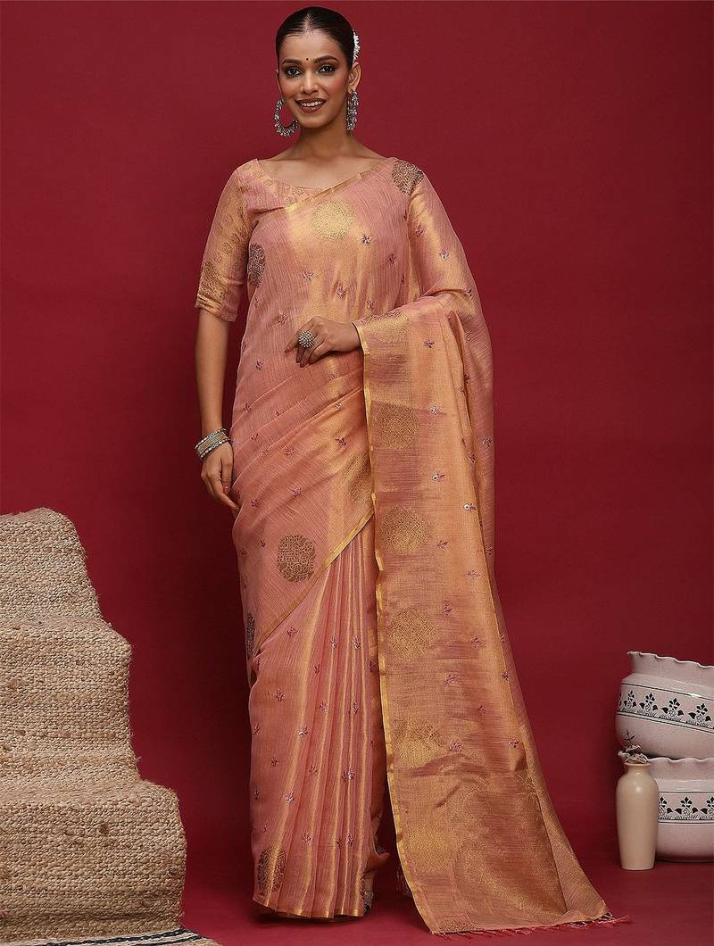 Pink women ethnic motifs sequinned linen blend designer banarasi saree