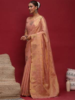 Pink women ethnic motifs sequinned linen blend designer banarasi saree 2