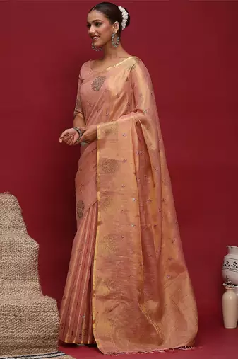 Pink women ethnic motifs sequinned linen blend designer banarasi saree
