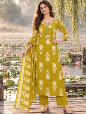 women ethnic motifs printed regular thread work  cotton kurta with trousers & with dupatta 1