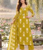 women ethnic motifs printed regular thread work  cotton kurta with trousers & with dupatta