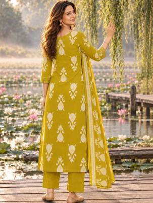 women ethnic motifs printed regular thread work  cotton kurta with trousers & with dupatta 2