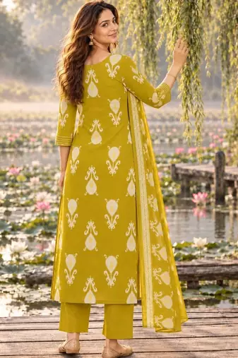 women ethnic motifs printed regular thread work  cotton kurta with trousers & with dupatta