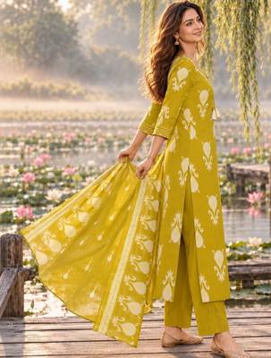 women ethnic motifs printed regular thread work  cotton kurta with trousers & with dupatta 3