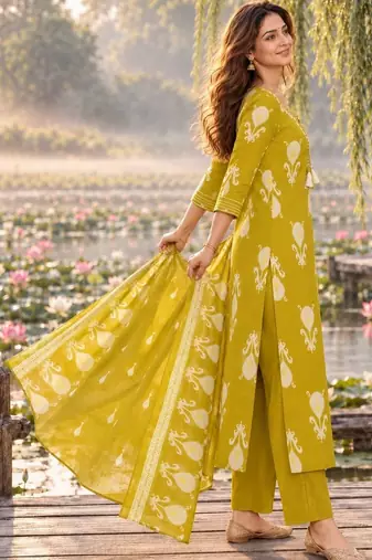 women ethnic motifs printed regular thread work  cotton kurta with trousers & with dupatta