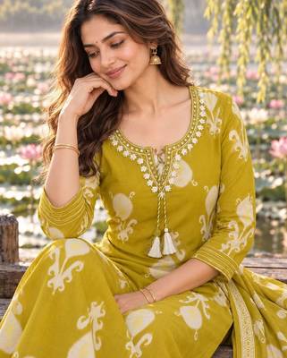 women ethnic motifs printed regular thread work  cotton kurta with trousers & with dupatta 4