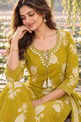 women ethnic motifs printed regular thread work  cotton kurta with trousers & with dupatta