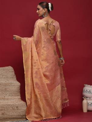 Pink women ethnic motifs sequinned linen blend designer banarasi saree 3