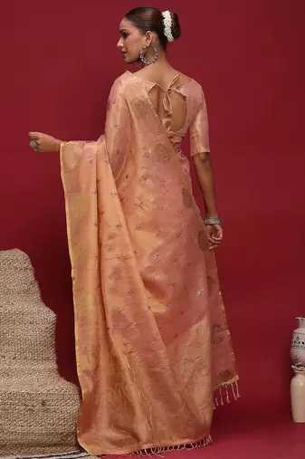 Pink women ethnic motifs sequinned linen blend designer banarasi saree