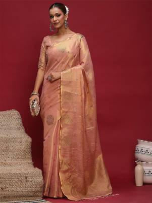 Pink women ethnic motifs sequinned linen blend designer banarasi saree 4