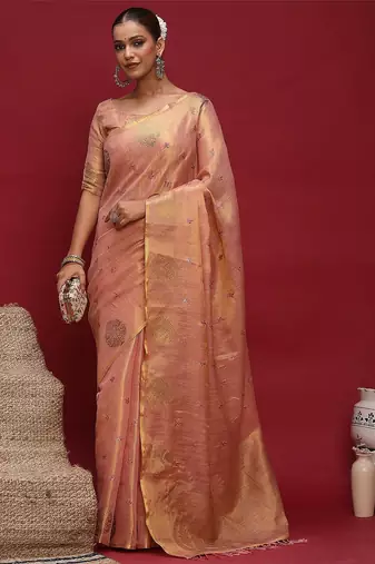 Pink women ethnic motifs sequinned linen blend designer banarasi saree