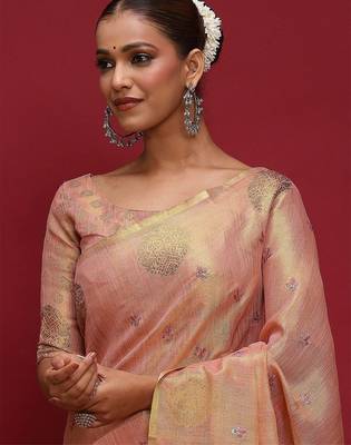 Pink women ethnic motifs sequinned linen blend designer banarasi saree 5