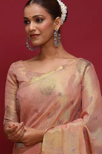 Pink women ethnic motifs sequinned linen blend designer banarasi saree