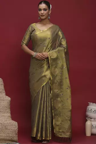 Olive floral embroidered sequinned saree