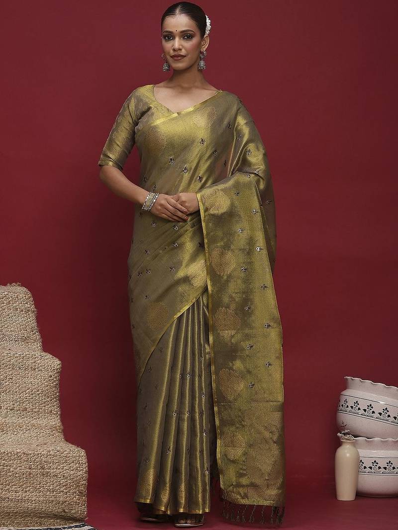 Olive floral embroidered sequinned saree