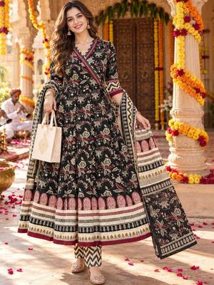 women floral printed angrakha  cotton kurta with trousers & with dupatta 1