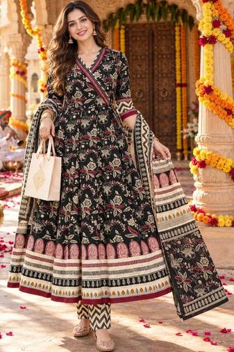 women floral printed angrakha  cotton kurta with trousers & with dupatta