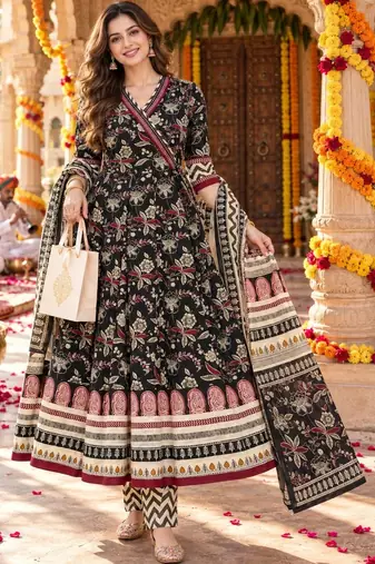 women floral printed angrakha  cotton kurta with trousers & with dupatta