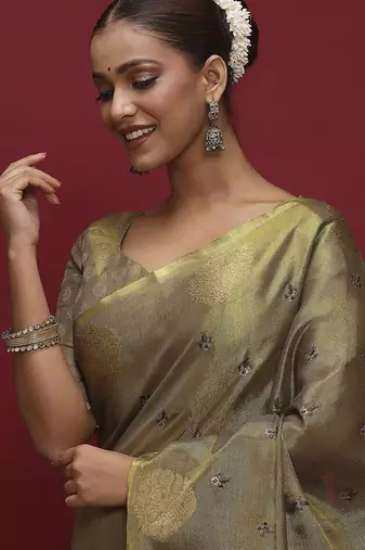 Olive floral embroidered sequinned saree