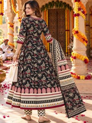 women floral printed angrakha  cotton kurta with trousers & with dupatta 2