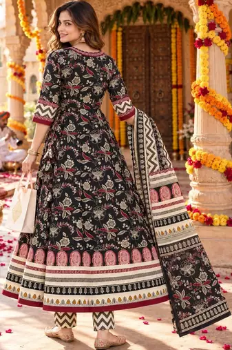 women floral printed angrakha  cotton kurta with trousers & with dupatta