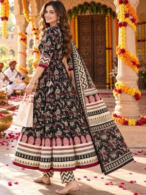 women floral printed angrakha  cotton kurta with trousers & with dupatta 3