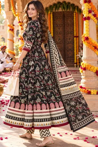 women floral printed angrakha  cotton kurta with trousers & with dupatta