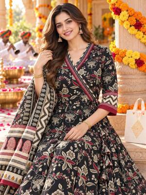 women floral printed angrakha  cotton kurta with trousers & with dupatta 4