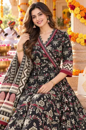 women floral printed angrakha  cotton kurta with trousers & with dupatta