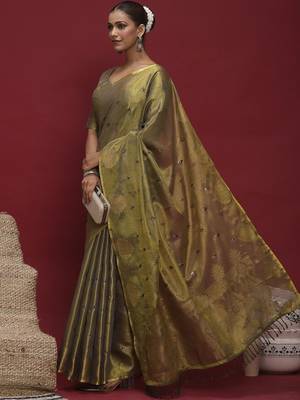 Olive floral embroidered sequinned saree 3