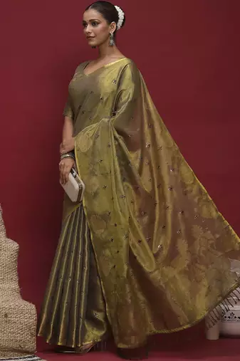 Olive floral embroidered sequinned saree