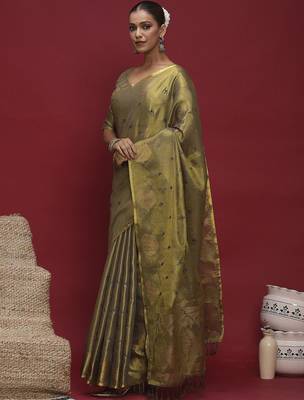 Olive floral embroidered sequinned saree 5