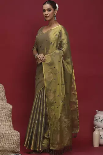 Olive floral embroidered sequinned saree