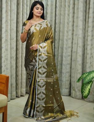 Gold women ethnic motifs printed saree 1