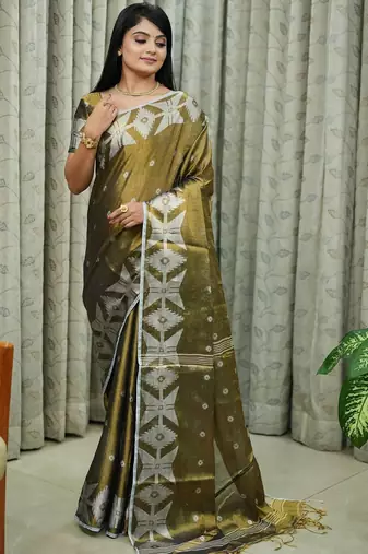 Gold women ethnic motifs printed saree