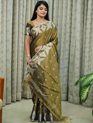 Gold women ethnic motifs printed saree 2