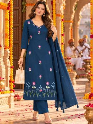 women floral embroidered regular thread work  cotton kurta with trousers & with dupatta 1