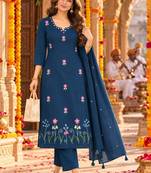 women floral embroidered regular thread work  cotton kurta with trousers & with dupatta