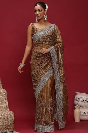 Brown brown embellished zari net designer striped saree