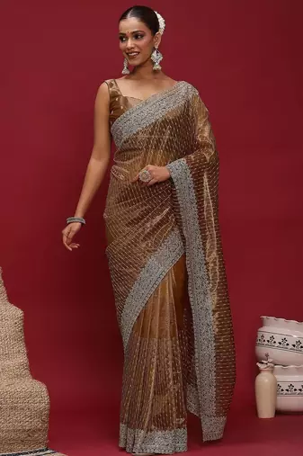 Brown brown embellished zari net designer striped saree