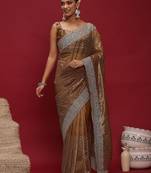 Brown brown embellished zari net designer striped saree