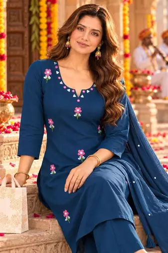 women floral embroidered regular thread work  cotton kurta with trousers & with dupatta