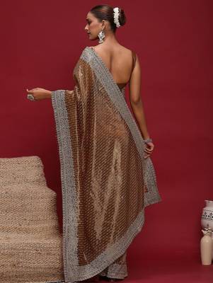 Brown brown embellished zari net designer striped saree 2