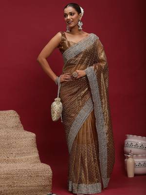 Brown brown embellished zari net designer striped saree 3
