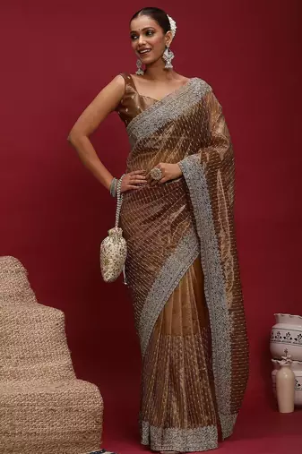 Brown brown embellished zari net designer striped saree