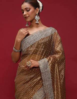 Brown brown embellished zari net designer striped saree 4