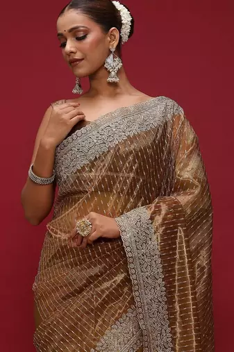 Brown brown embellished zari net designer striped saree