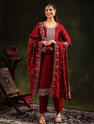 ethnic motifs embroidered sequinned straight kurta with trouser & dupatta 1