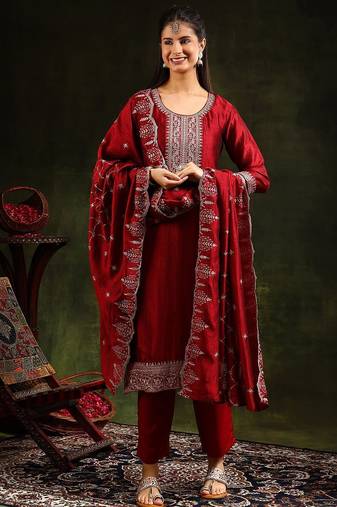 ethnic motifs embroidered sequinned straight kurta with trouser & dupatta