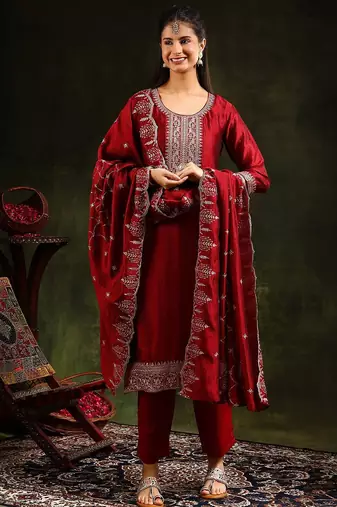 ethnic motifs embroidered sequinned straight kurta with trouser & dupatta